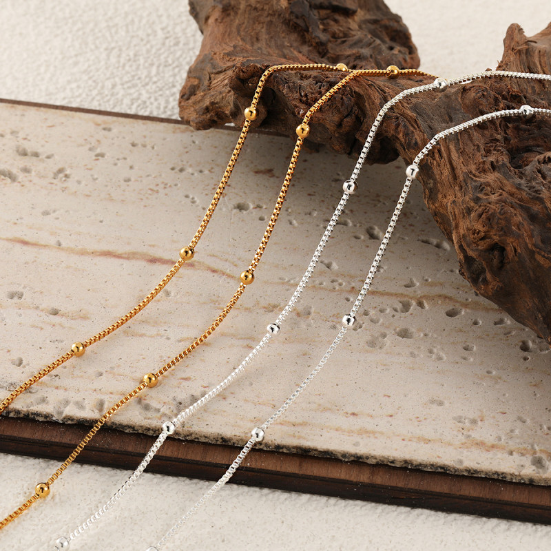Japanese and Korean Minimalist Thin 1.2MM Box Chain Bead Necklace for Women Titanium Steel Silver Plated Collarbone Chain with Pendant Accessories