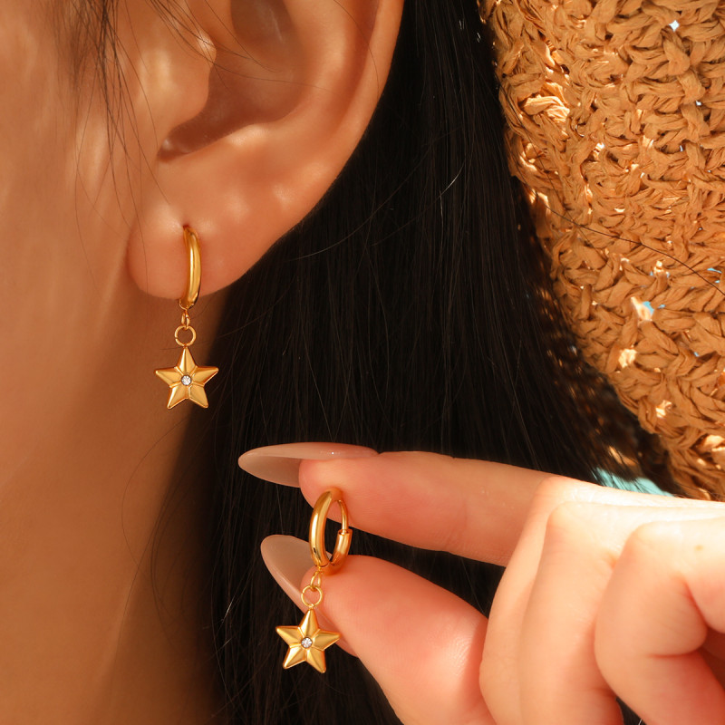 Cross-Border Hot Selling Ins Colorful Zircon Five-Pointed Star Earrings Plated 24K Real Gold European and American Fashion Stainless Steel Earrings Accessories
