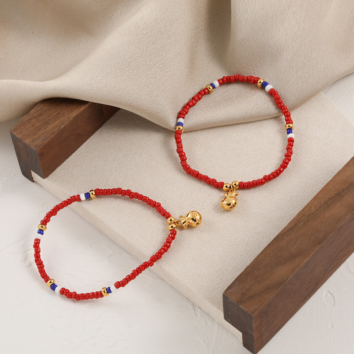 New Chinese Style Niche Lucky Bag Elastic Cord Colorful Red Bead Bracelet for Women Fashionable Personality Titanium...