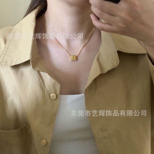 Titanium Steel Gold Pendant Double Happiness Necklace for Women Ethnic Style Double Happiness Clavicle Chain