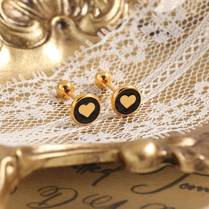 Korean Style Ins Style Niche Minimalist Black Epoxy Round Heart Ear Bone Stud Fashion Personality Titanium Steel Heart-shaped Earrings