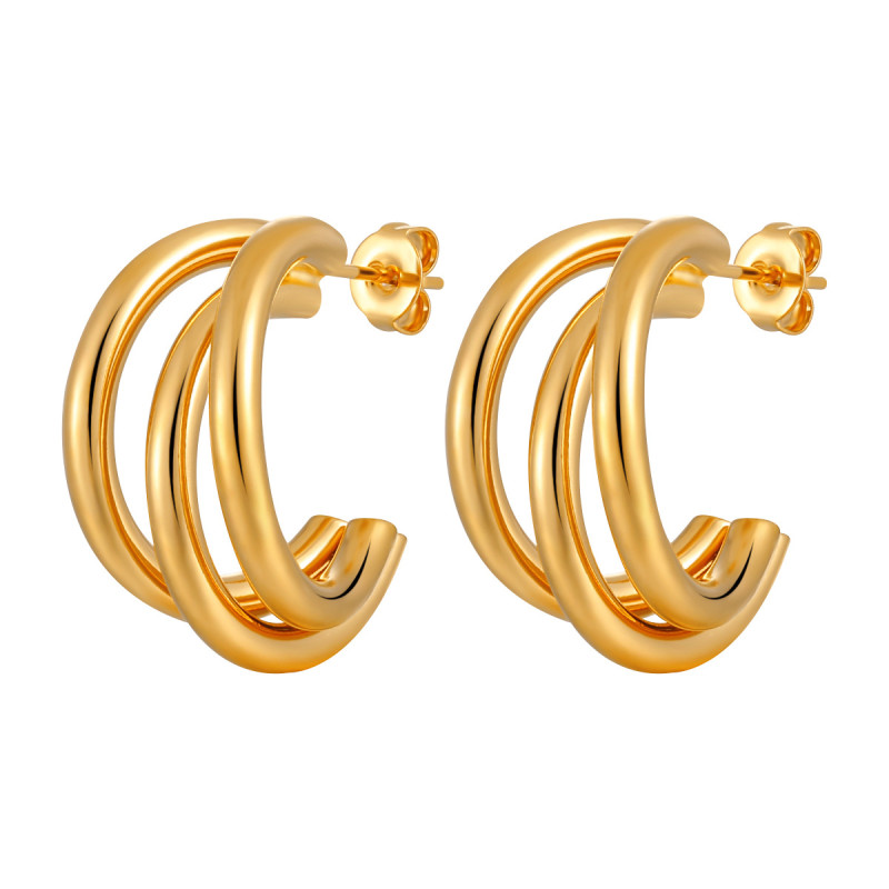 European and American Minimalist Style Exaggerated Three-Line C-Shaped Stud Earrings Titanium Steel PVD Gold Plated High-End Jewelry Wholesale