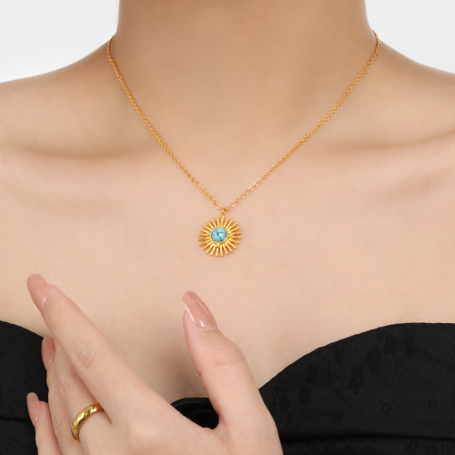 European and American New Cross-Border Niche Natural Turquoise Sunflower Necklace for Women Fashionable Personality Light Luxury Titanium Steel Collarbone Chain