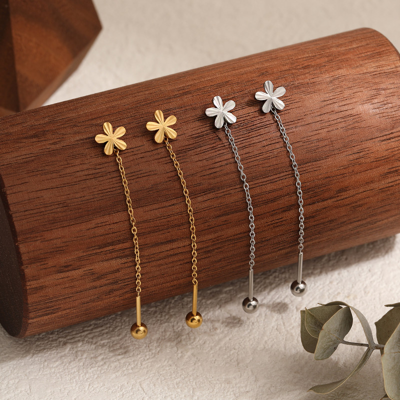 Korean Style Simple Elegant Niche Design Laser Surface Small Flower Threader Earrings for Women Fashionable Personality Gold-Plated Titanium Steel Ear Jewelry