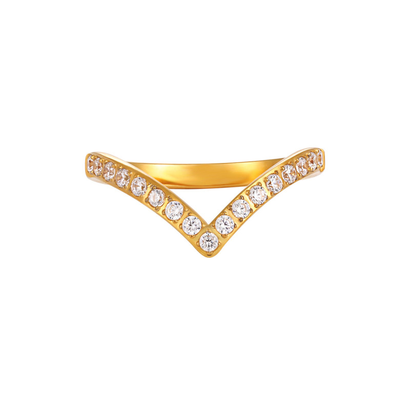 Korean Style INS Light Luxury Niche Inlaid 17 Stone V-shaped Ring for Women Fashionable Personality Titanium Steel Gold-plated Index Finger Ring