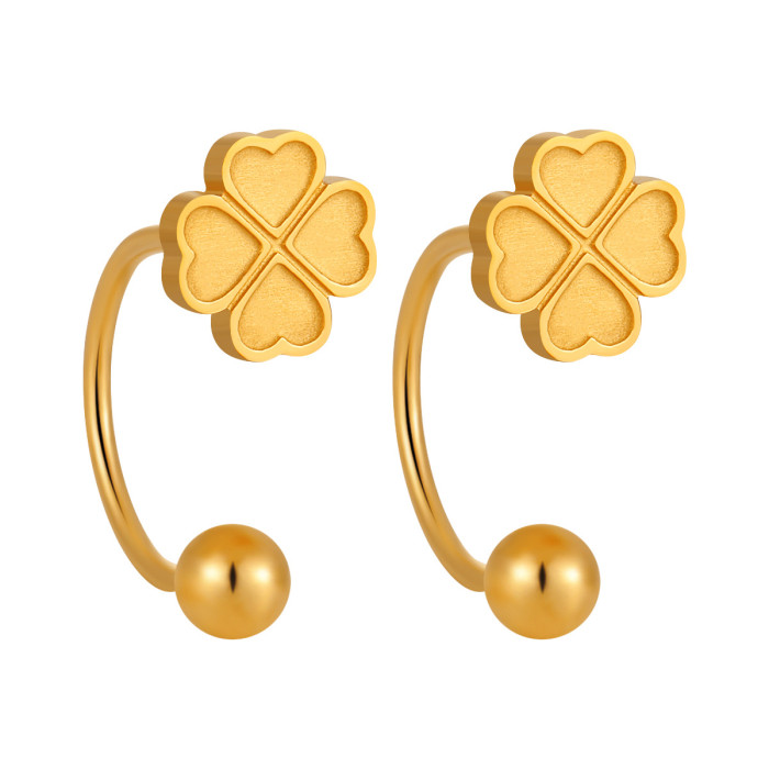 Trendy Fashion Four-Leaf Clover Earrings Korean Style Ins Style Simple Small Heart Screw Titanium Steel Ear Bone Stud Earrings