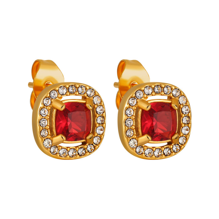 European and American Retro Handmade Inlaid Ruby Stud Earrings for Women, Ins Style, Light Luxury, Exquisite Stainless Steel 18K Real Gold Earrings