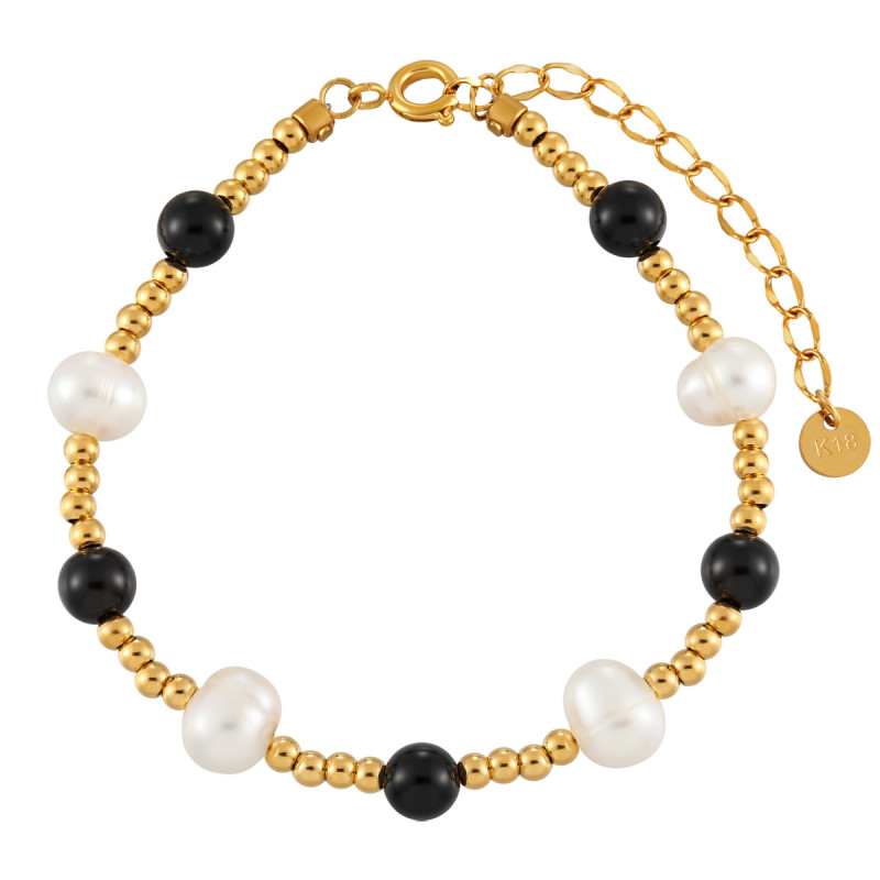 French Retro Natural Black Onyx Freshwater Pearl Beaded Bracelet for Women, Ins Style Fashionable Personality High-end Jewelry