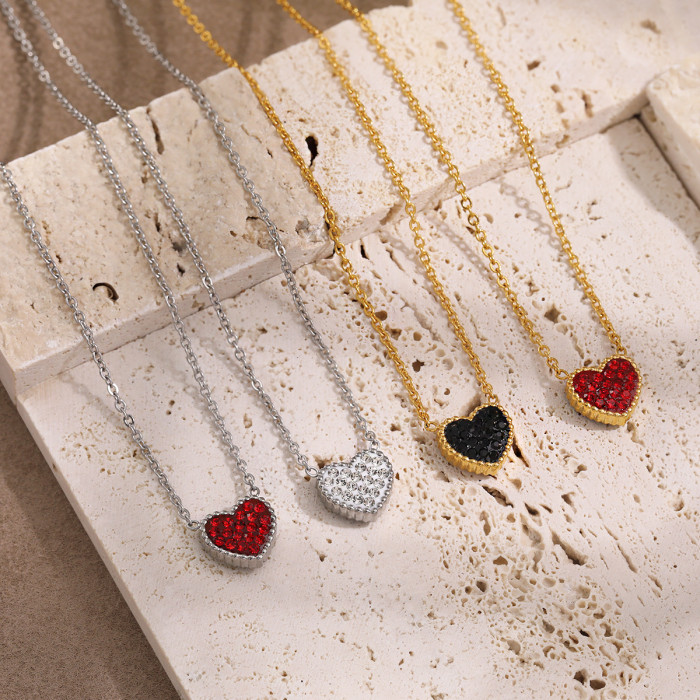 Fashion High-End Stainless Steel Heart Necklace for Women Ins Style Peach Heart Mud Stone Black Red Double-Sided
