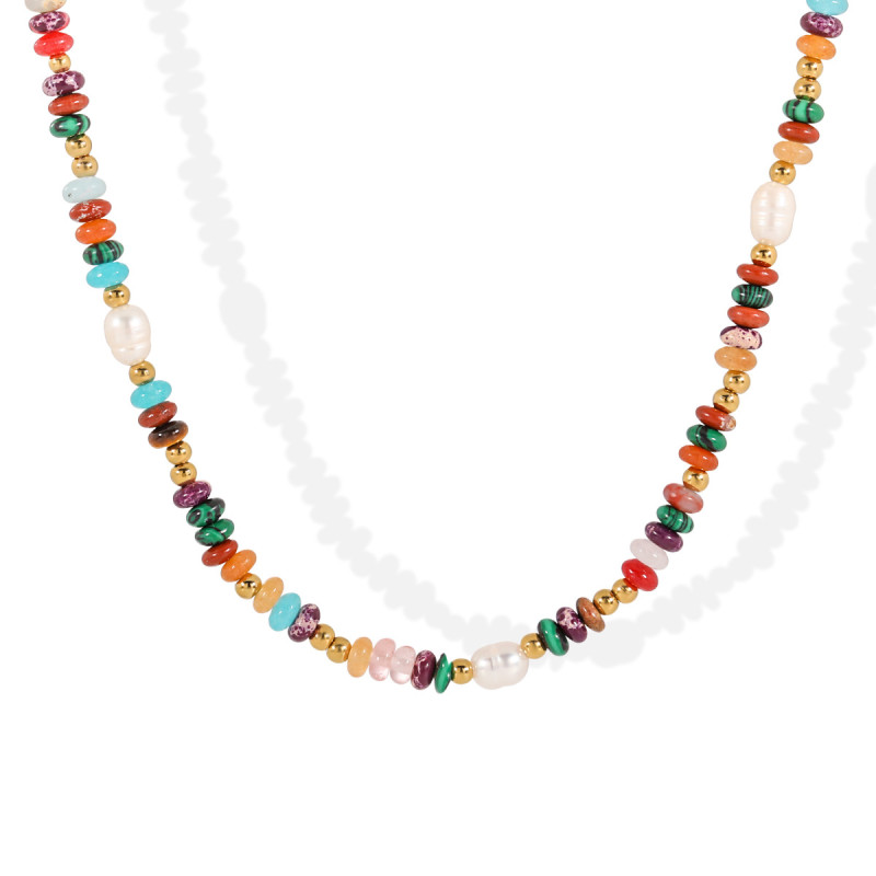 Bohemian Retro INS Niche Design Color-Block Natural Stone Beaded Elegant Freshwater Pearl Titanium Steel Necklace for Women