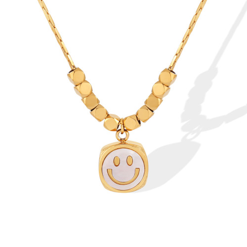 Smiling Cube Mother-of-Pearl Smiley Face Diamond Bead Titanium Steel Necklace PVD Vacuum Plating Gold Simple Versatile Collarbone Chain