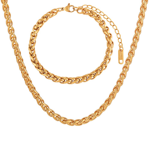 Fashion European and American Style Personality Woven Dragon Bone Flower Basket Chain Bracelet for Women Elegant Gold-Plated Titanium Steel Collarbone Chain Necklace Set