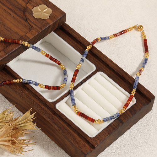 Fashion Vintage Style Spotted Red and Blue Natural Stone Bead Necklace with Magnetic Clasp Ins Niche High-end Collarbone Chain