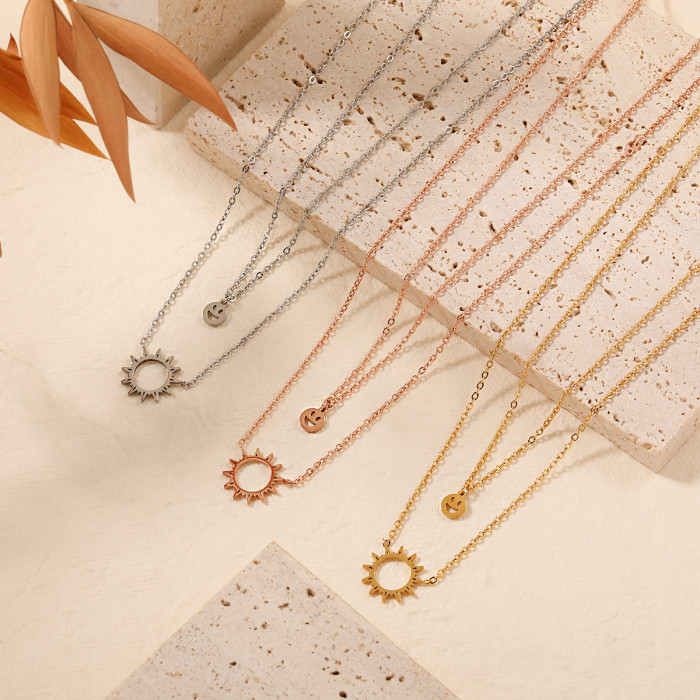 European and American Niche Design Double Layer Stacked Sun Series Smiley Face Pendant Necklace Fashion Titanium Steel Clavicle Chain