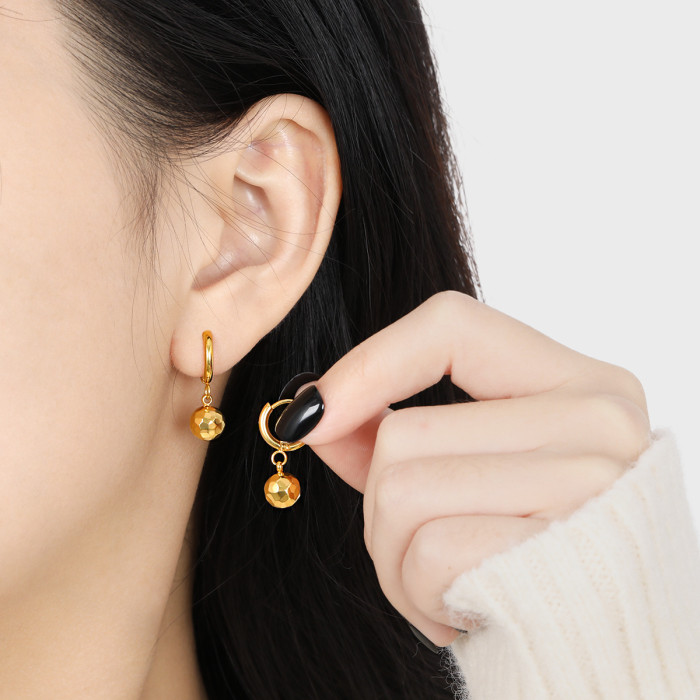 Korean Style Niche Ins Fashion Simple Faceted Rhombus Bead Round Earrings for Women Personality Versatile Gold Plated...