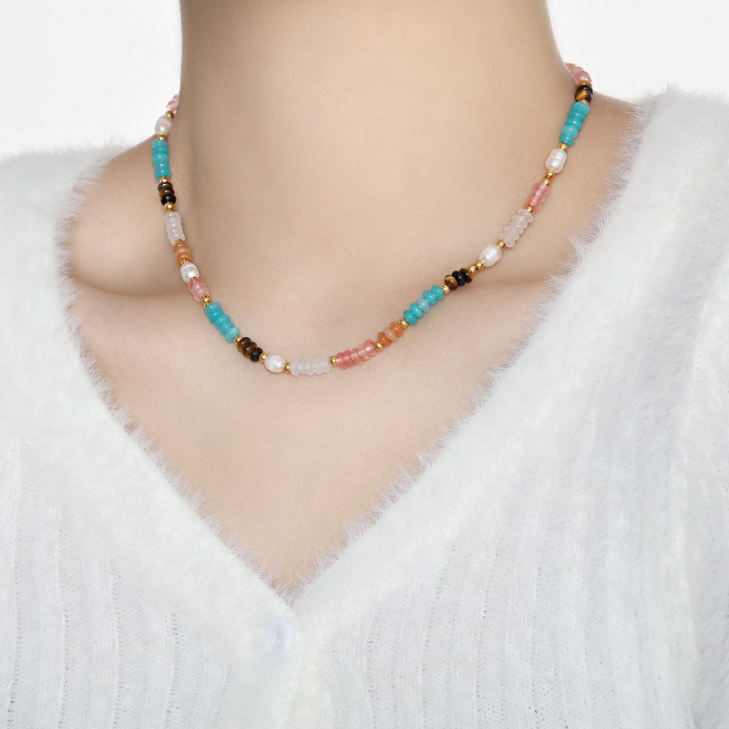 French Niche Personality Fashion INS Minimalist Style Elegant Natural Stone Freshwater Pearl Beaded Design Titanium Steel Necklace