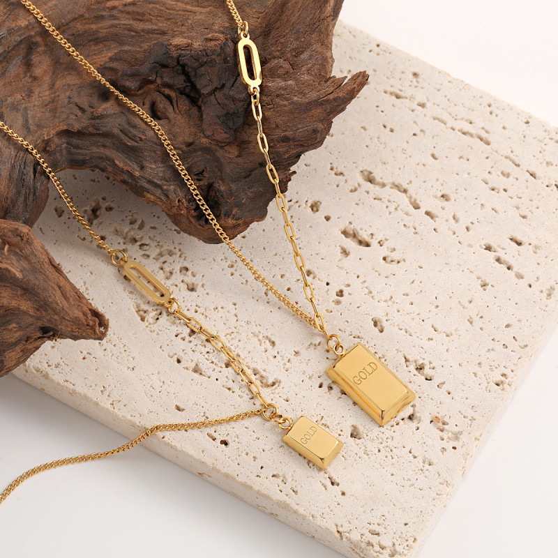 Korean Style Ins Niche High-End Light Luxury Rich Gold Small Gold Brick Gold Bar Titanium Steel Necklace Women's Anklet Jewelry Set