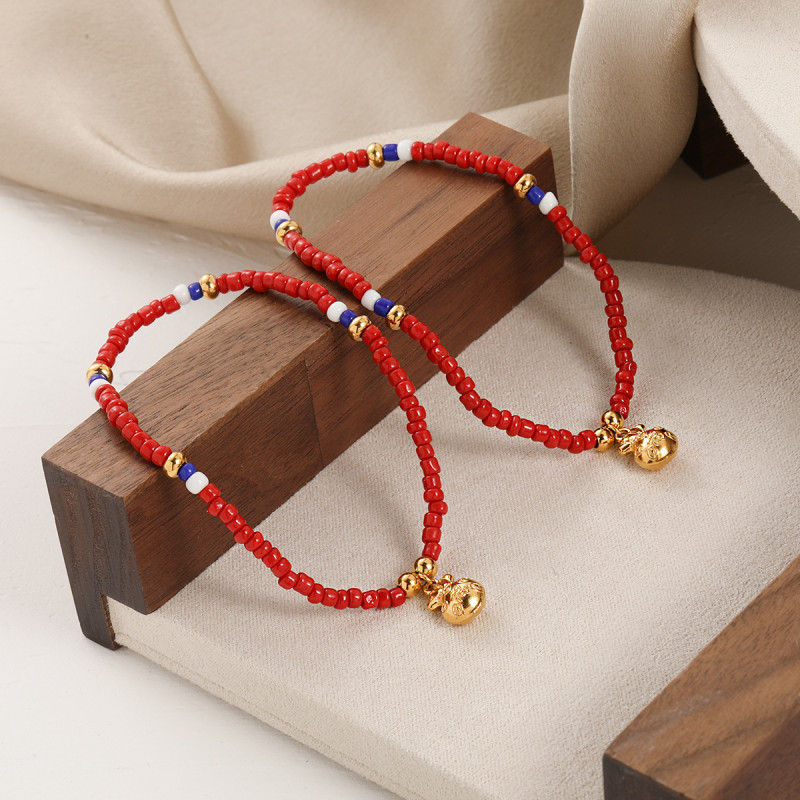 New Chinese Style Niche Lucky Bag Elastic Cord Colorful Red Bead Bracelet for Women Fashionable Personality Titanium Steel Gold-Plated Bracelet