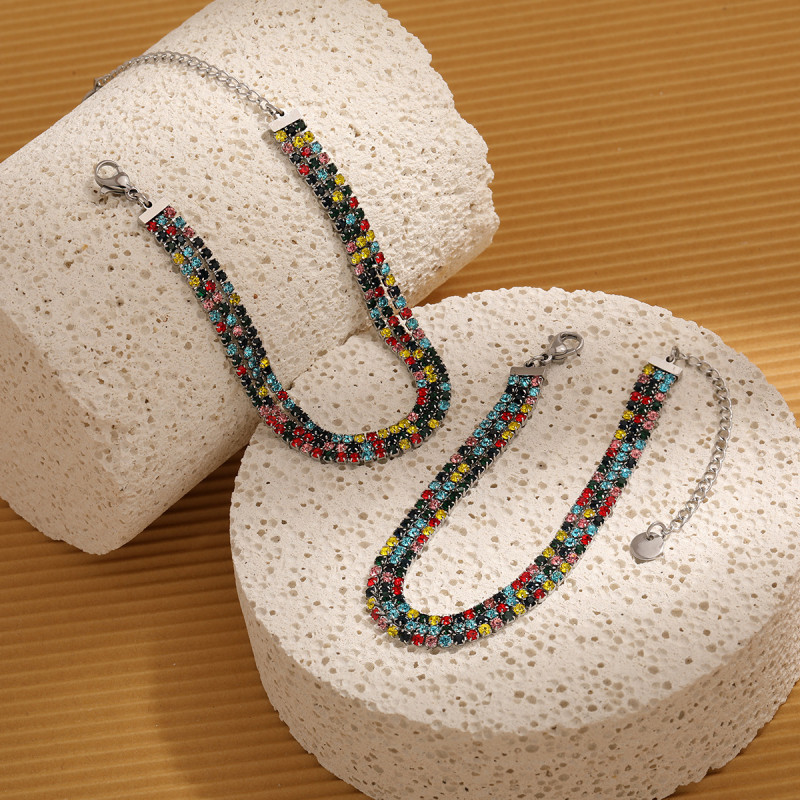 Fashionable Personality Light Luxury Three-Striped Colorful Diamond Stainless Steel Bracelet European and American Ins Style Niche High-End Titanium Steel Jewelry