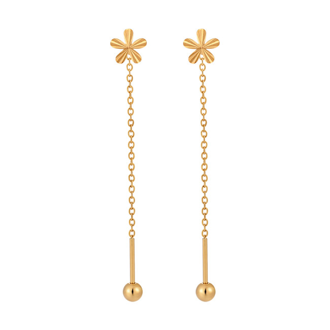 Korean Style Simple Elegant Niche Design Laser Surface Small Flower Threader Earrings for Women Fashionable Personality Gold-Plated Titanium Steel Ear Jewelry