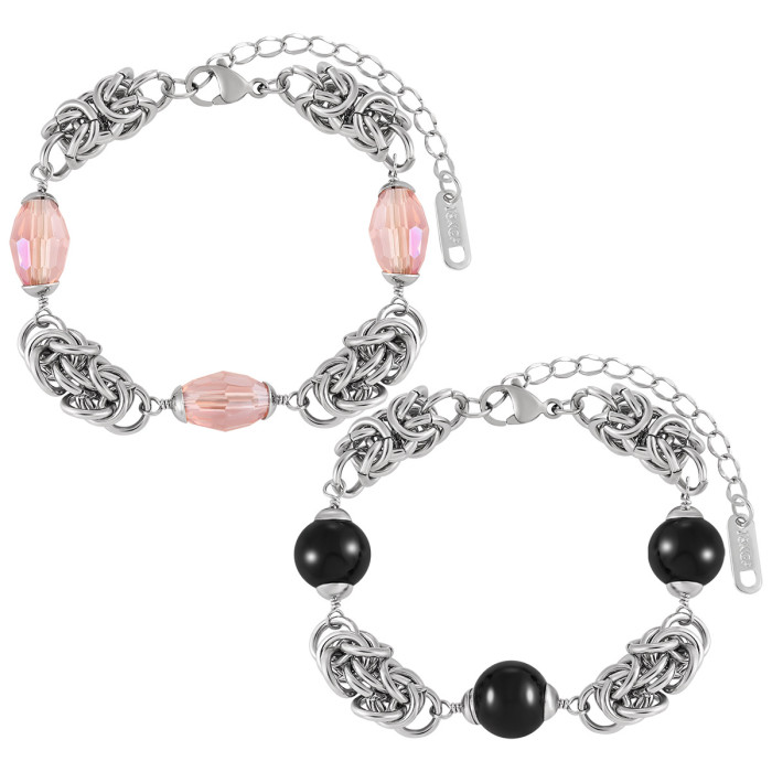 Trendy Fashion Stainless Steel Splicing Handmade Beaded Black Onyx Pink Crystal Bracelet Fashionable Personality Tita...