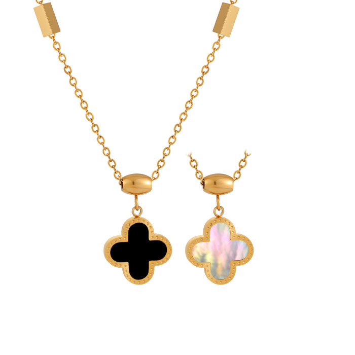 Korean Style Light Luxury Fashion Simple Double-Sided White Mother-of-Pearl Four-Leaf Clover Necklace Sweater Chain Niche Titanium Steel Collarbone Chain