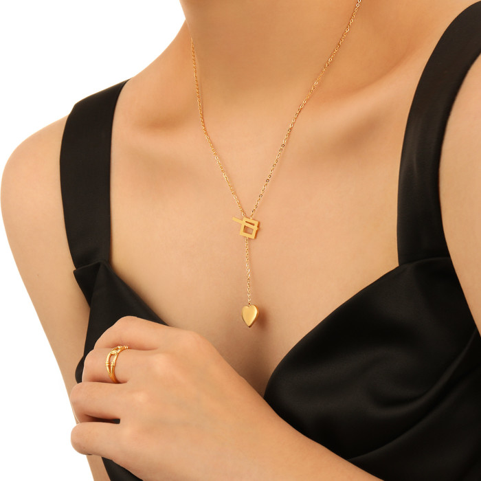 Cross-Border Fashion Tassel Heart Pendant Titanium Steel Necklace Minimalist OT Square Buckle Ins Style Niche Design Sense Choker