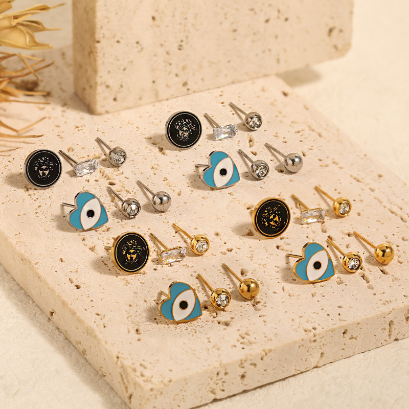 European and American INS Style Niche Layered Jewelry Drip Glaze Heart Eye Zircon Earrings Fashionable Personality Titanium Steel Ear Accessories