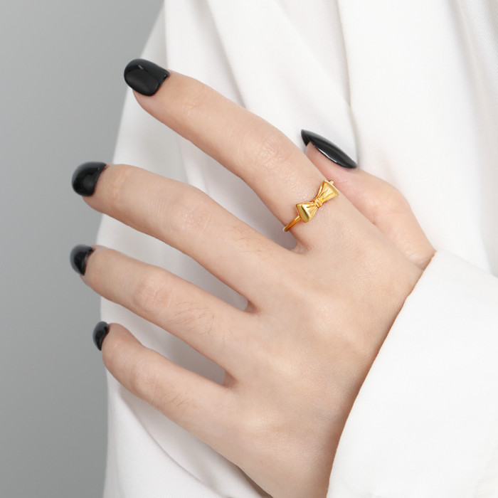 Korean Style Ins Style Niche Design Fresh and Exquisite Bowknot Ring Fashion Personality All-Match Index Finger Titan...