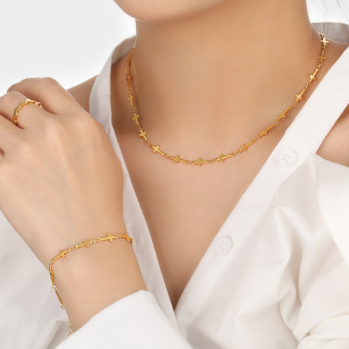 Korean Fashion Handmade Patchwork Geometric Cross Necklace Ins Style Niche High-end Bracelet Jewelry Set