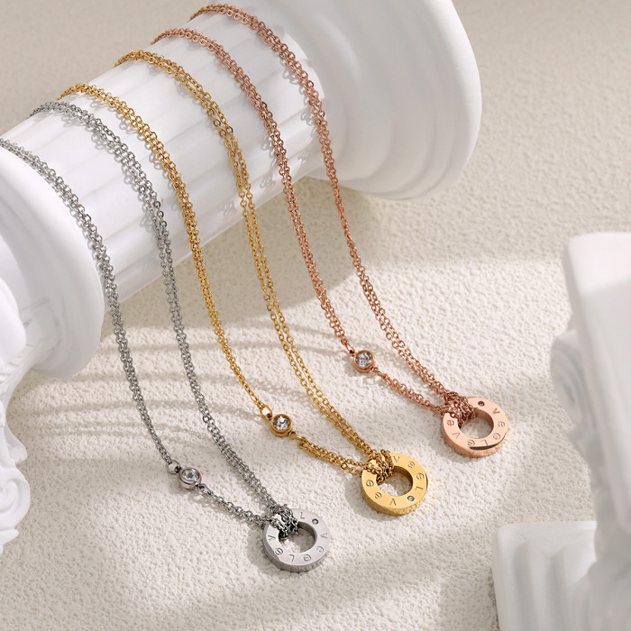 European and American Fashion Simple LOVE Necklace with Diamonds for Women, Long Round Pendant, Titanium Steel, Polished Jewelry, PVD Gold Plated