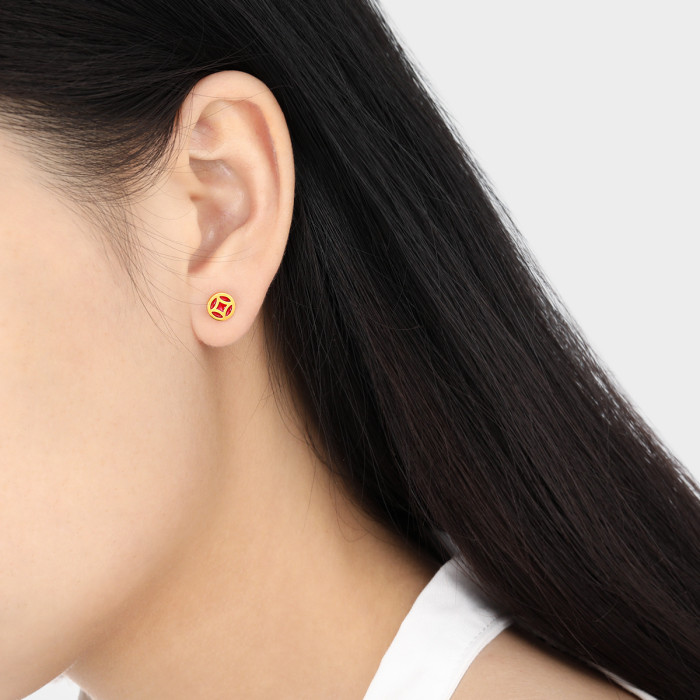 New Chinese Style National Trend Niche Simple Copper Coin Epoxy Ear Bone Stud Fashionable Personality High-end Gold-plated Titanium Steel Earrings
