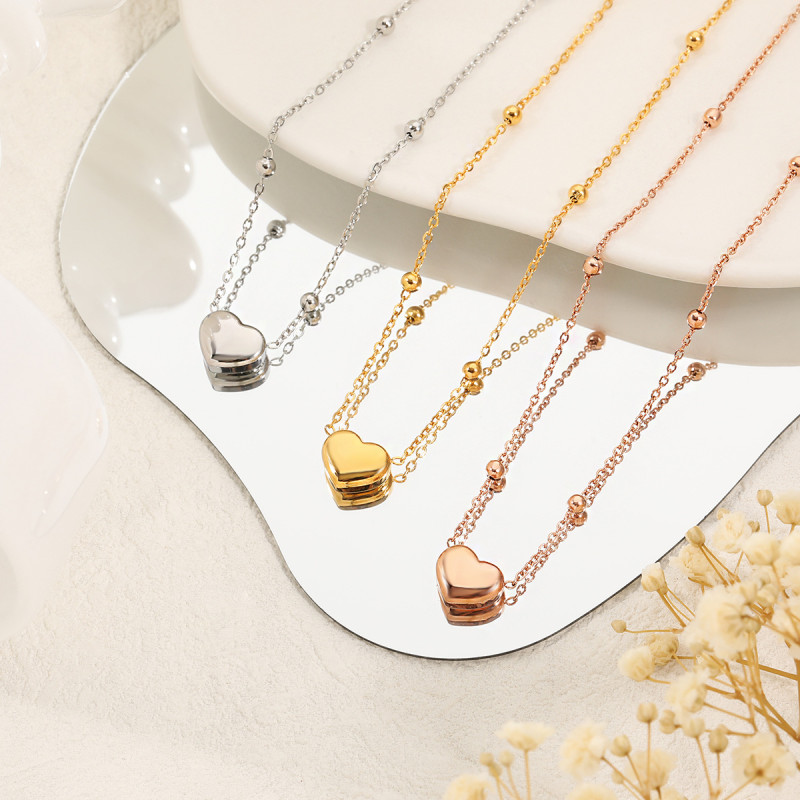 Korean Style Niche Oil Pressure Heart Clip Bead Titanium Steel Necklace for Women Fashionable Personality Temperament Stainless Steel Interbead Collarbone Chain