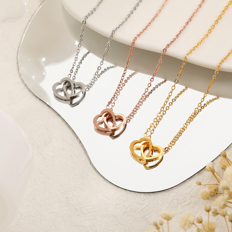 Korean Style Ins Personality Temperament Versatile Heart-Shaped Collarbone Chain Fashion Niche Design Heart Double Ring Titanium Steel Necklace