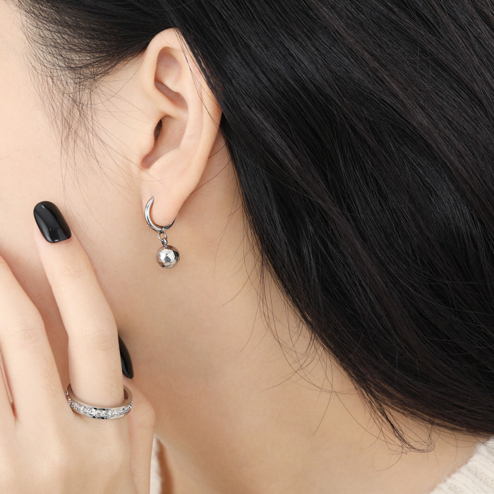Korean Style Niche Ins Fashion Simple Faceted Rhombus Bead Round Earrings for Women Personality Versatile Gold Plated...