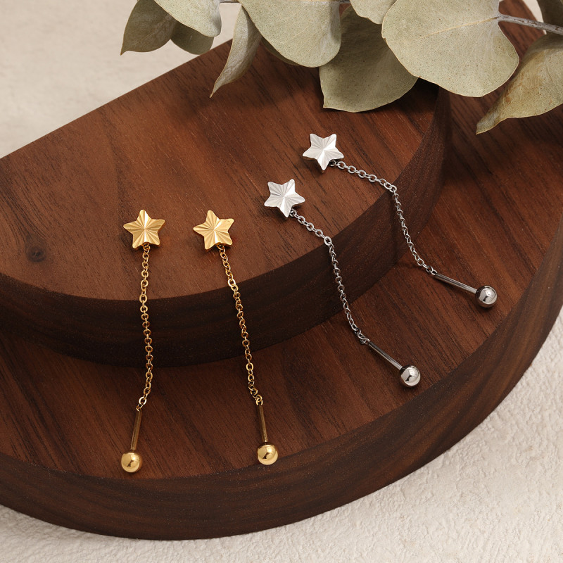 Korean Style Niche Design Simple Laser Surface Five-Pointed Star Small Ear Thread Fashion Personality INS Style Titanium Steel Earrings