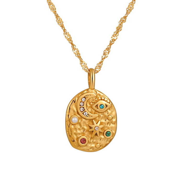 European and American Niche Personality Micro Inlaid Star Moon Round Necklace for Women Stainless Steel Ins Style Fashion Gold Plated Vintage Pendant