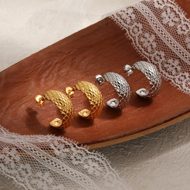 French INS Minimalist Style Retro Diamond Grid C-shaped Earrings for Women High-end Luxury Titanium Steel Stud Earrings Jewelry