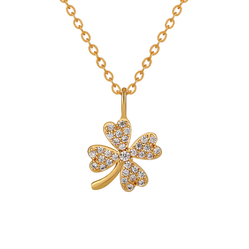 Korean Style Fresh Sweet Light Luxury Micro Inlaid Full Diamond Four-Leaf Clover Necklace for Women Fashionable Personality Gold-Plated Titanium Steel Collarbone Chain