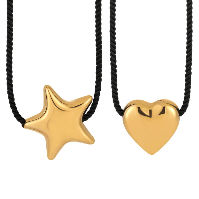 New Style Niche Simple Hollow Five-Pointed Star Heart Black Rope Necklace for Women Fashionable Personality Gold Plat...