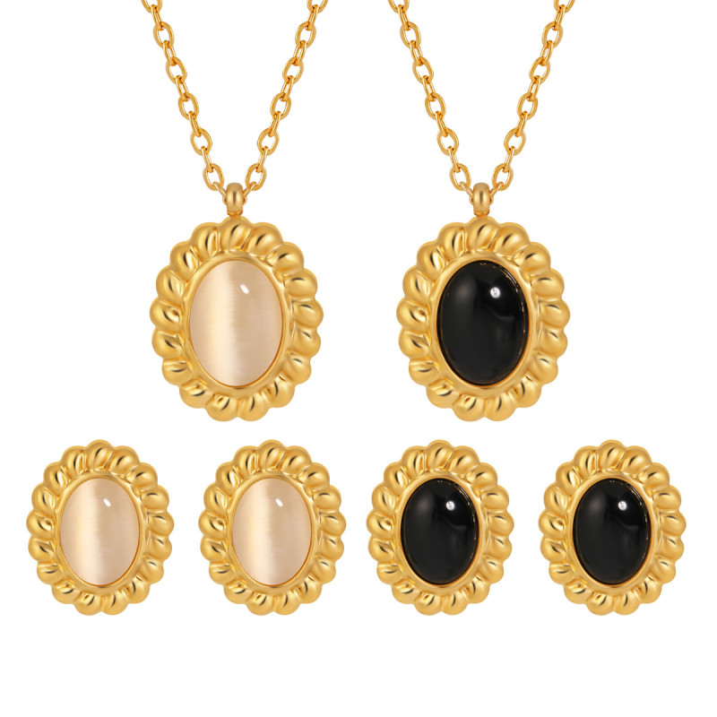 European and American New Style Niche Braided Edge Cat's Eye Stone Necklace for Women Natural Stone Earrings Fashionable Personality Gold-Plated Titanium Steel Jewelry