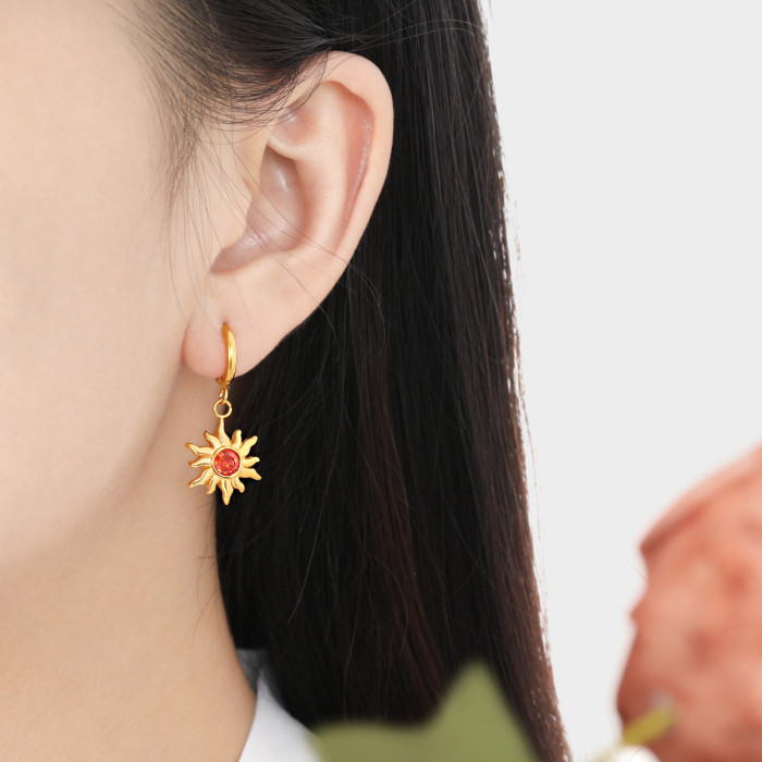 New Simple Sunflower Zircon Colorful Stone Earrings Fashionable Personality Women High-end Gold Plated Titanium Steel...