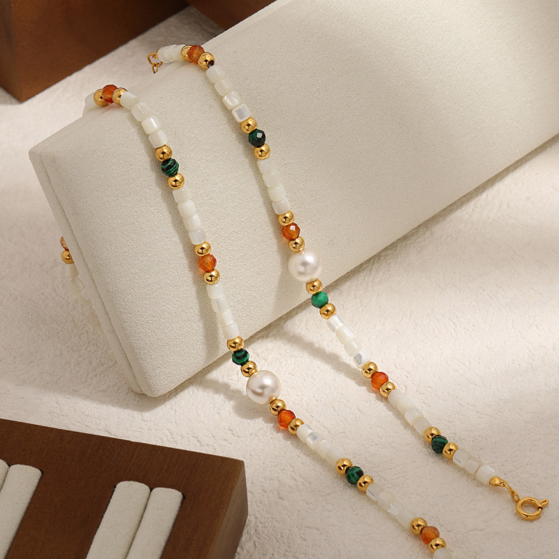 Ethnic Style Dopamine Color Natural Stone Shell Bracelet for Women Fashionable Personality Temperament Niche Titanium Steel Collarbone Necklace