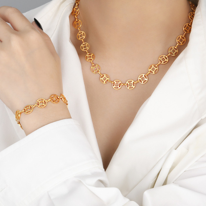 New Chinese Style Niche Design Coin Collarbone Necklace Titanium Steel Bracelet Women's Fashion Personality Versatile Jewelry Set