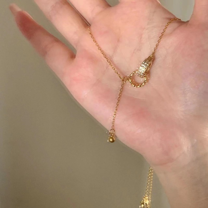 Tassel Chanel Style Diamond Double Ring Single Bead Collarbone Chain Stainless Steel with Rhinestones Fashionable Exquisite Petite Necklace for Women
