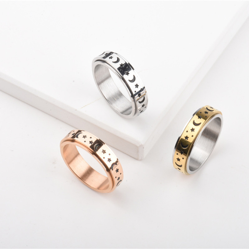 Star Moon Inlaid Diamond Ring INS Style Simple Versatile Light Luxury Index Finger Ring Rotatable Stress Relief Titanium Steel Tail Ring