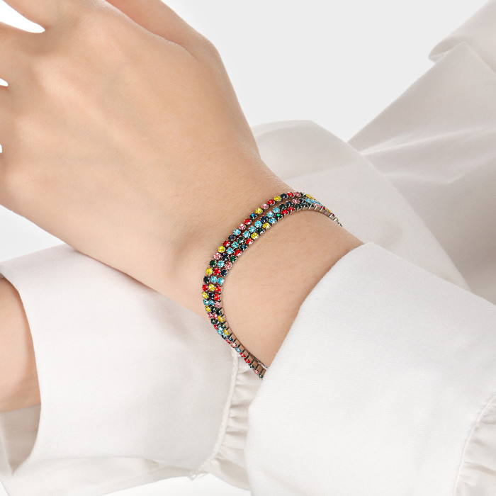 Fashionable Personality Light Luxury Three-Striped Colorful Stone Stainless Steel Bracelet Ins Style Niche High-End...