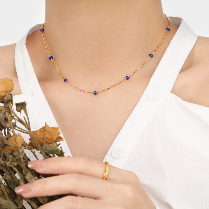 French Retro Bohemian Style Simple Colorful Bead Resin Necklace for Women Fashionable Personality Titanium Steel Coll...