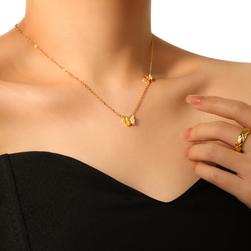 Korean Version Ins Style Personalized Animal Frosted Double Butterfly Necklace Simple Fashion Titanium Steel Clavicle Chain High-end Accessories