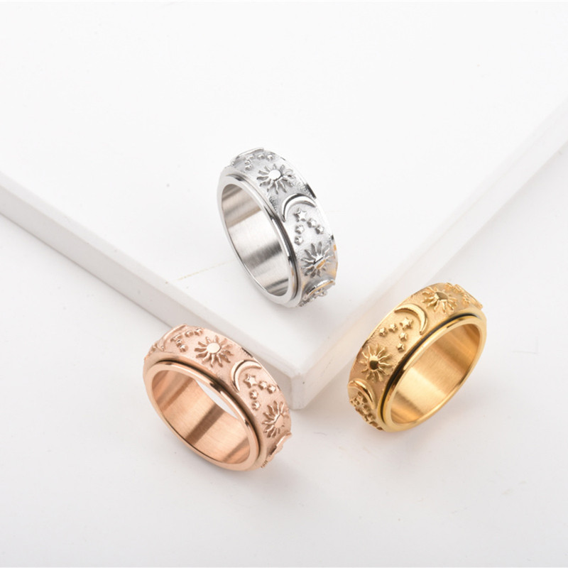 New European and American Style Sun Moon Star Embossed Ring for Men and Women, Ins Style Versatile Temperament Stress Relief Titanium Steel Ring